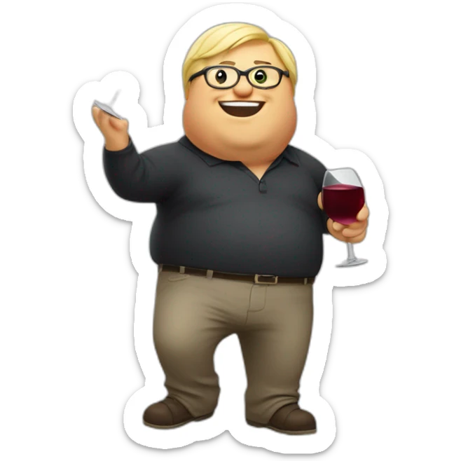 Fat blond man with glasses and a glass of red wine in his hand dancing like a drunk sticker