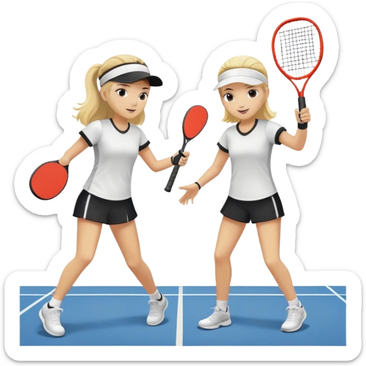 Two friends playing paddle tennis, one of them has blonde hair and the other has black hair. sticker