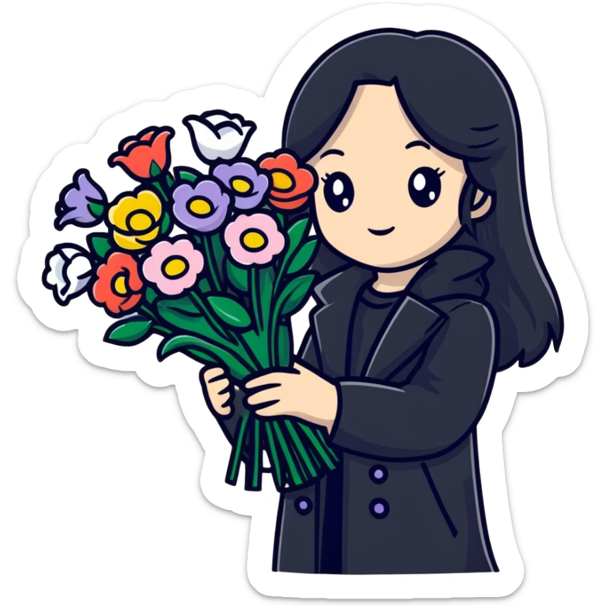 beautiful girl with long black hair wearing a black coat holding a bouquet of flowers sticker