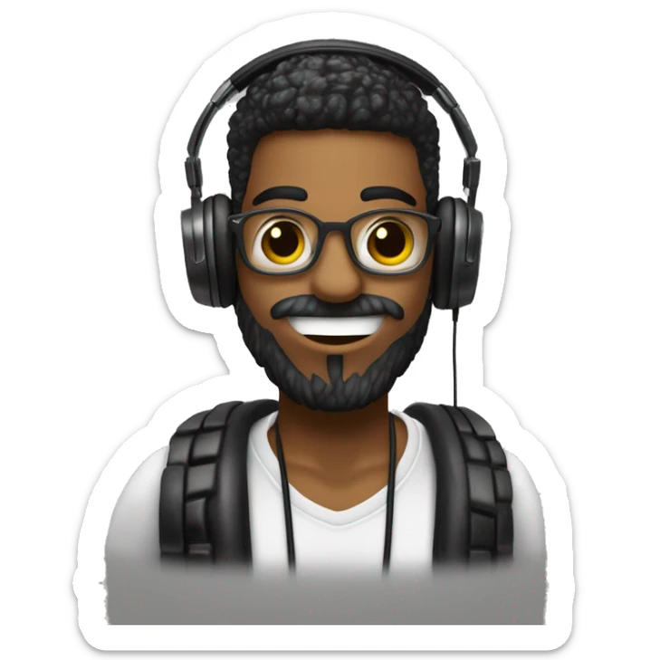 Onde DJ, with headphone, cabelo preto repicado pra frente fazendo um topete, usando uma corrente com um pingente pendurado com as letras "k" e "z", barba cheia e bem desenhada e marcada fazendo um degradê da barba pro cabelo. sticker