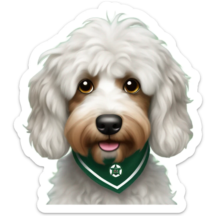Multicolored Aussiedoodle wearing a bandana with the NHL Dallas Stars hockey team logo sticker