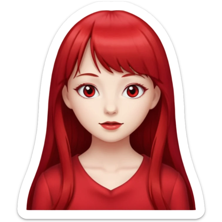 beautiful girl with red velvet long hair and straight bangs, red eyes and red clothes sticker