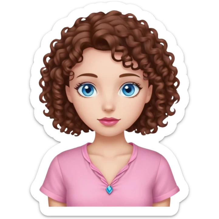 A girl with blue eyes brow curly hair and pink coquette shirt sticker