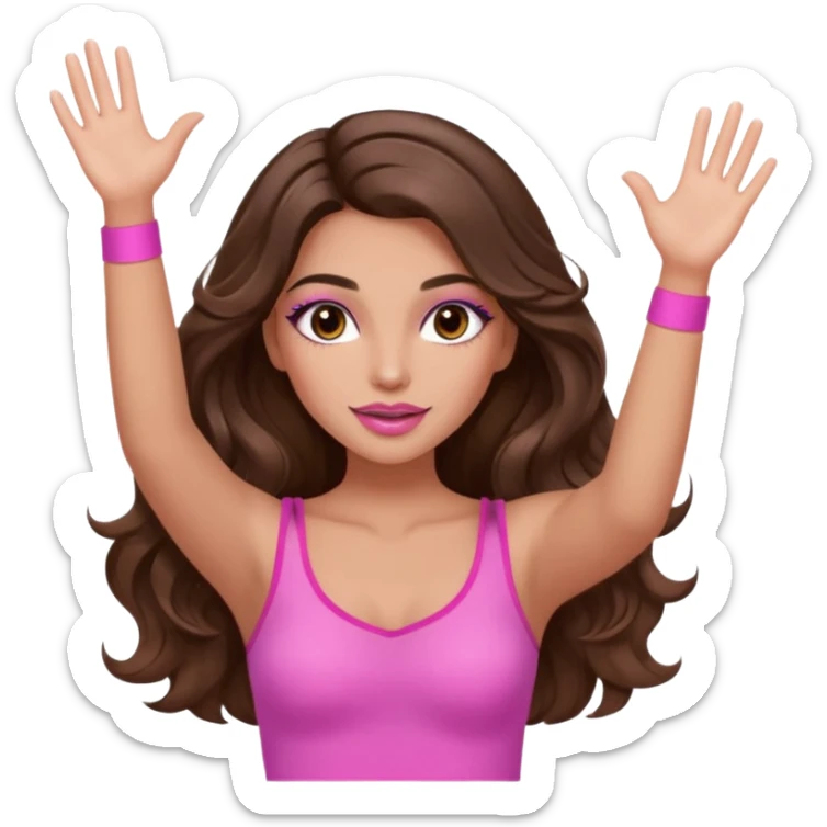 girl with long wavy brown hair, brown eyes, long lashes makeup, sexy pink lips, light to medium complexion, wearing a pink sexy top, both hands in the air high sticker