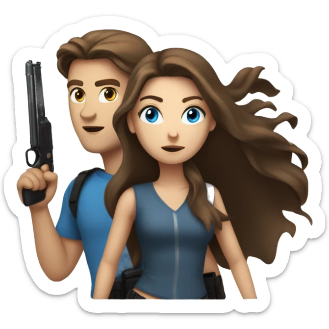a beautiful young woman with long brown hair and blue eyes with a gun runs after a guy with brown hair and gray eyes sticker