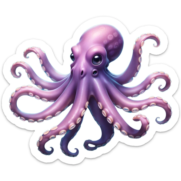 Cinematic Noble Octopus Portrait Emoji, Poised and enigmatic, with a fluid, amorphous body of iridescent, softly tinted skin and eight gracefully undulating arms adorned with delicate suckers, deep, observant eyes reflecting the mysteries of the deep, Simplified yet sharp and sophisticated features, highly detailed, glowing with a soft, oceanic luminescence, high shine, intelligent and mysterious, stylized with an air of deep-sea elegance, focused and fluid, soft glowing outline, capturing the essence of a watchful marine guardian that appears ready to drift out of the screen with effortless authority! sticker