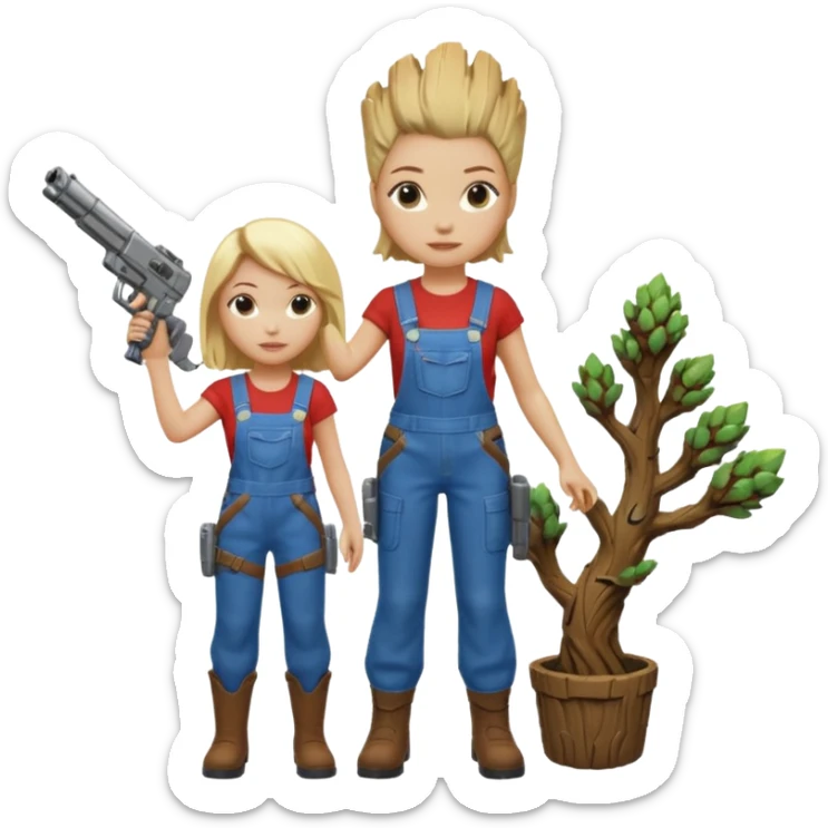Can you make an emoji with groot from guardian of the galaxy with me standing next to him. I’m a white female with blonde hair and I like to wear overalls. We should be shooting galaxy guns  sticker