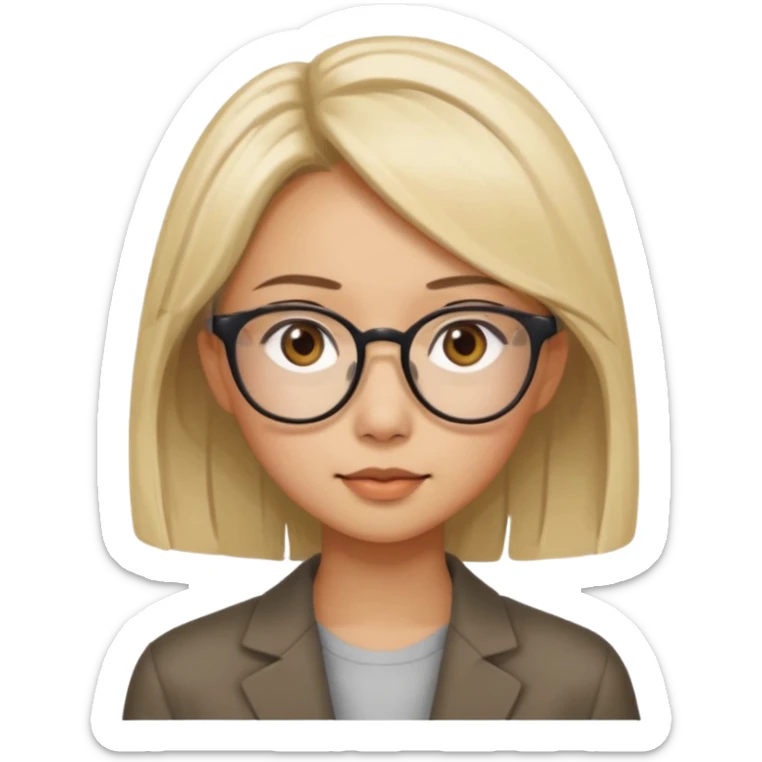 asian looking female with slight blonde hair a little longer  with eye glasses, fair complexion not that pointed nose but slighty little eye please make the hair longer shoulder length make the hair more longer sticker