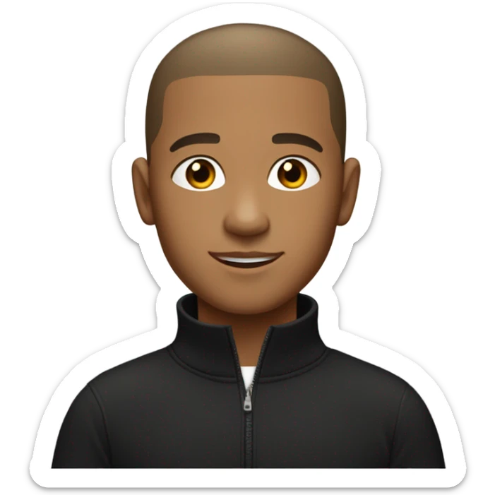 boy with light brown skin, buzz cut, no facial hair, wearing a smart black quarter zip jumper with white t shirt underneath. sticker