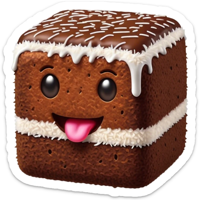Cinematic Realistic Lamingtons Dessert Emoji, depicted as soft sponge squares coated in chocolate and coconut rendered with mouth‚Äêwatering detail and vibrant lighting. sticker