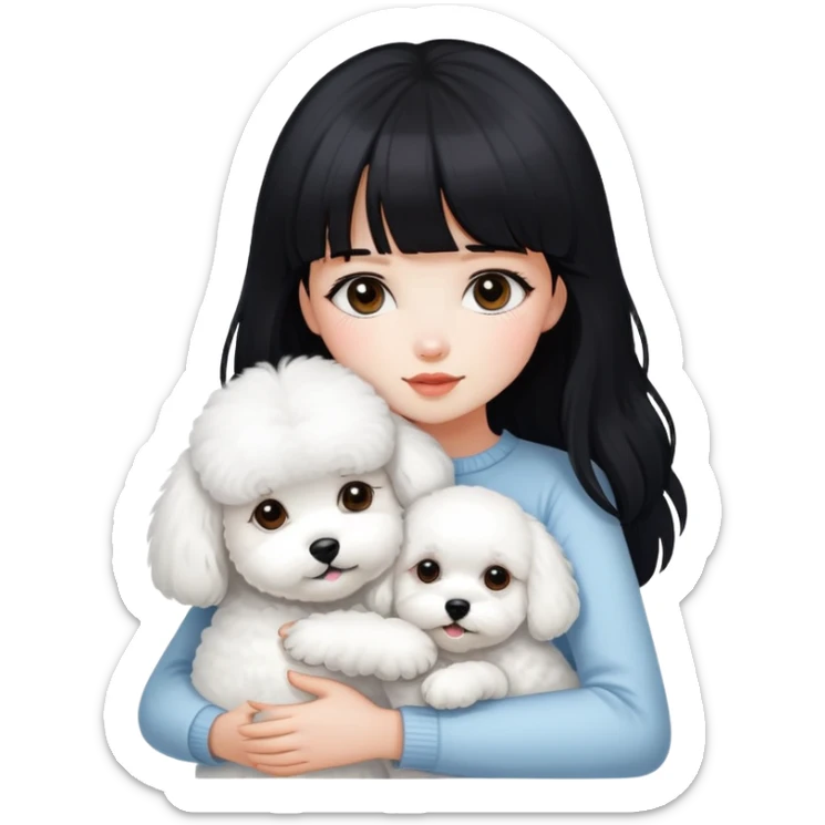 A beautiful girl with long black hair and bangs hugs a Bichon Frise tightly sticker
