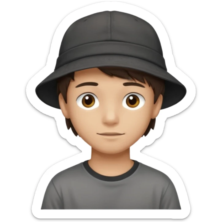Create a teen boy wearing a faded black T-shirt. He will have brunette hair, tan skin, and dark brown eyes. He is wearing a gray hat turned backwards. sticker