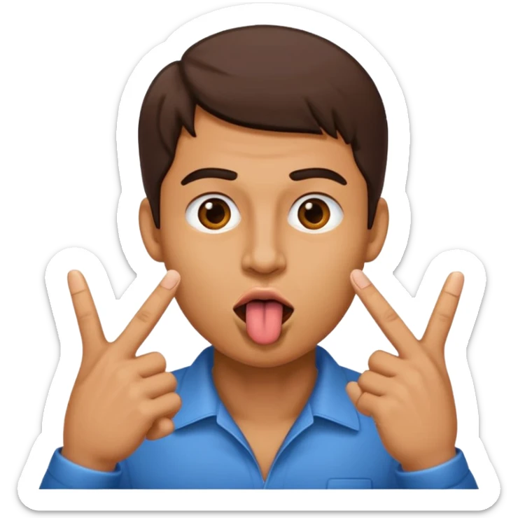 Man making v shape with fingers to mouth and tongue sticking out of mouth sticker