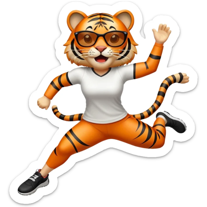 female energetic anthropomorphised tiger in sports clothes, wearing dark sunglasses, jumping with excitement, arms raised sticker