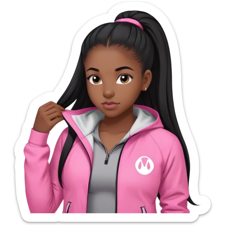 black girl with black straigh Long hair down pin straight and baby hairs with pink lululemon jacket on  sticker