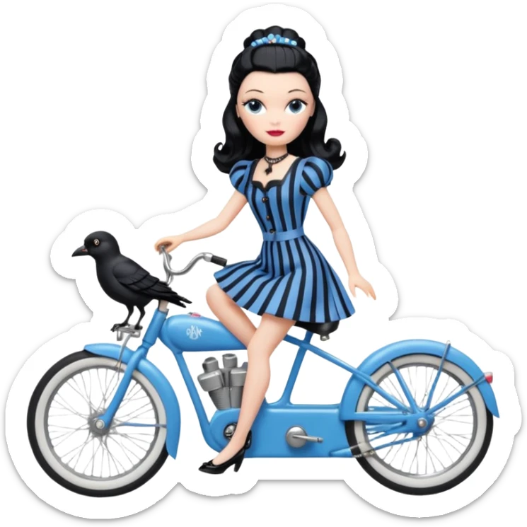 1920s coal hair Silkstone Marie Antoinette Barbie Wednesday Addams from academy in a blue and black vertically-striped classic dress. riding hot rod bikes with crows sticker
