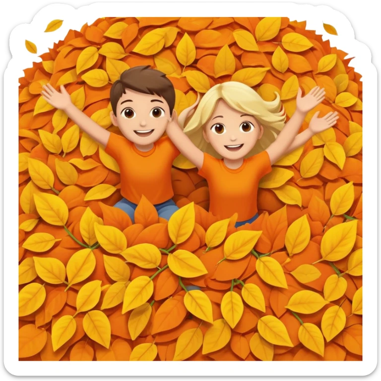 two children mid-air above a big pile of orange and yellow leaves, smiling faces sticker