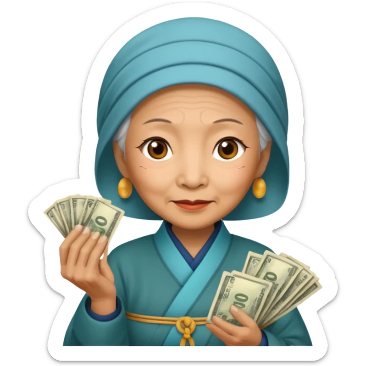 old chinese woman with Compassion - sympathetic concern for the sufferings of others, offering money sticker