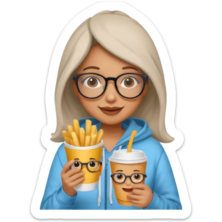 Woman with Glasses & Fries – cheerful woman in hoodie, holding paper cup of fries.





































 sticker