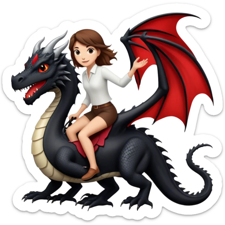 Me, a white female with brown hair, riding a black dragon with a tiny bit of red that has two legs to your work sticker