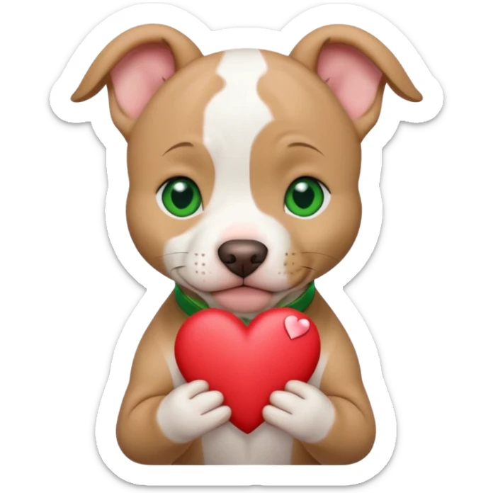 White and tan pitbull puppy with green eyes and cropped ears holding a heart sticker