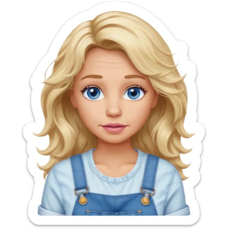 create an emoji of a woman. She has wrinkles, with long blonde messy but wavy hair, blue eyes, tanned skin, natural soft pink lips. she wears a very white top with an overall sticker