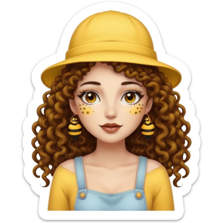 full body woman long curly brown hair brown eyes white skin tattoos wearing bee hat and pollen glow makeup sticker