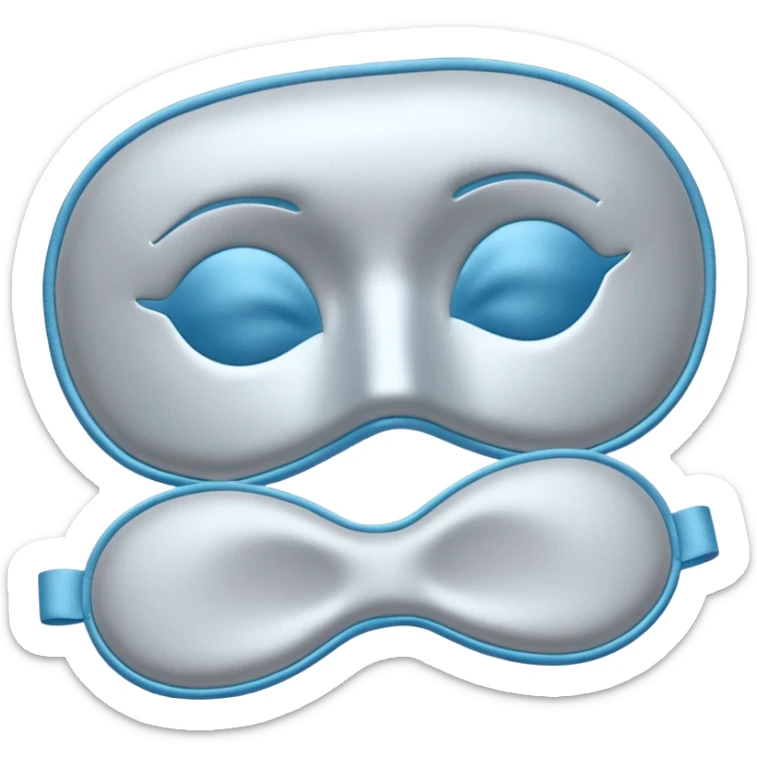emoji of an isolated silky sleep mask, soft satin texture, stitched closed eyes embroidery, no real eyes, no face, no character features, light grey with pastel blue tint, cozy pajama feel, smooth rounded shape, soft shadows sticker