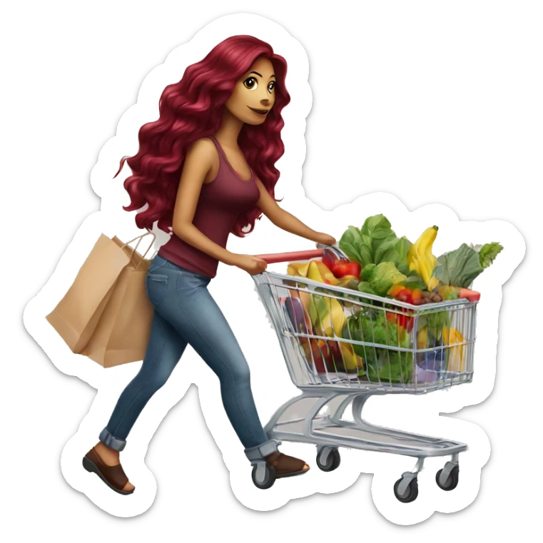 Beautiful tattooed burgundy long haired woman pushing shopping cart sticker