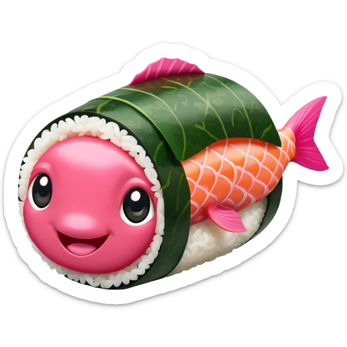 Cute Kawaii Maki Sushi Roll, small and round, wrapped in soft dark green seaweed, tiny grains of rice peeking out, a bright pink fish filling, a cheerful smiling face! sticker