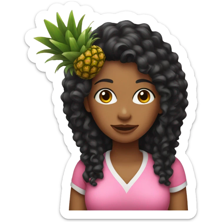woman with long black curly hair wearing pink holding a pineapple  sticker