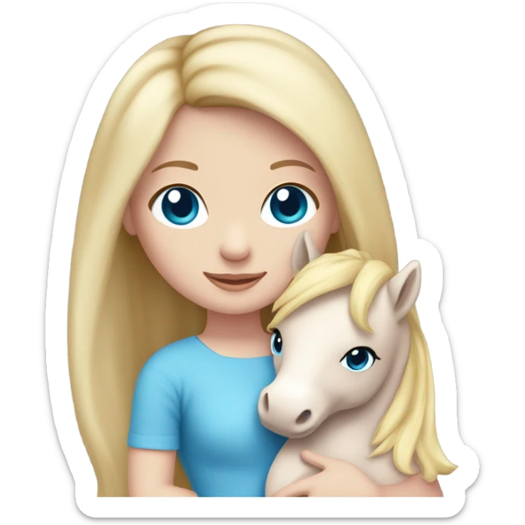 Blonde, pale skin, blue eyes girl wearing a pink dress cuddling her pony stuffed animal. sticker