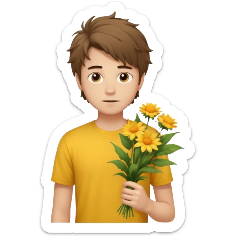 generate an ios genmoji of a 20 year old fair boy with brown long and messy hair with stubble on cheeks. should look like he cant grow a mustache., carrying a flower bouquet, wearing a yellow tshirt, looking shy sticker