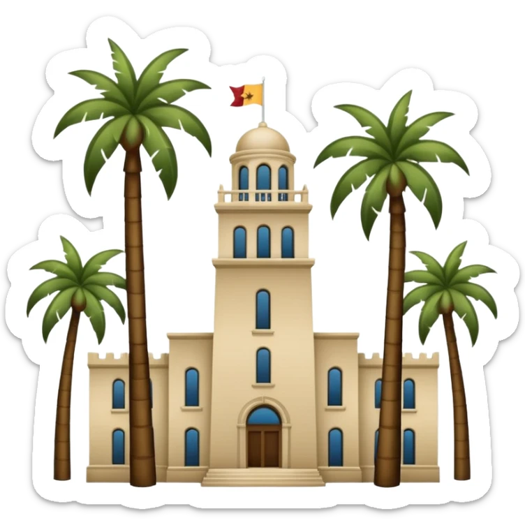 California Tower and the Museum of Us in San Diego with palm trees, simple apple style emoji, no text, white background, inspired by reference photo sticker