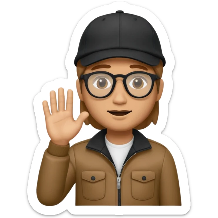 el Memoji es un personaje masculino con cabello castaño, gafas y una gorra blanca. Tiene la mano levantada como si estuviera diciendo "stop" o "espera". sticker