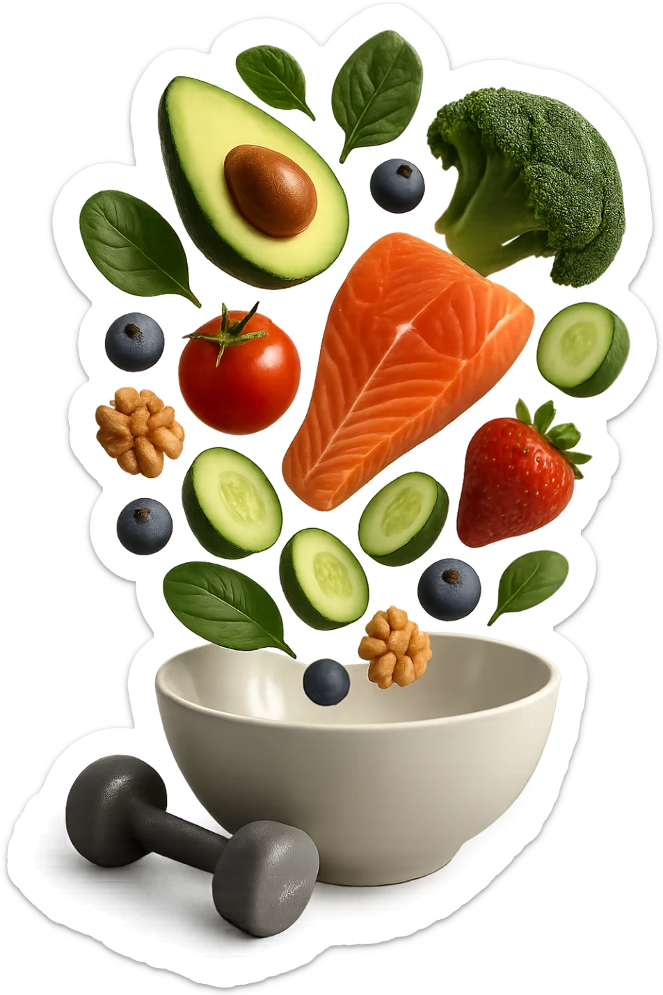 bowl bianca con cibo sano che cade dall'alto insieme a piccoli manubri da palestra in 3d, iperrealistica 4k sticker