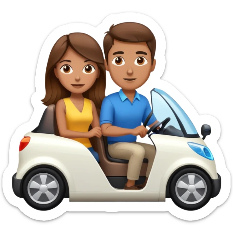 Brown haired man and brown haired woman riding in electric car  sticker