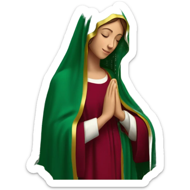 Virgin Mary: kind face looking down at the left, long brown hair, Wearing an emerald green  robe with gold stars and a burgundy red dress,  Hands in prayer or blessing. Halo around her head. standing in front of a big sun. colorful roses on the sides  sticker