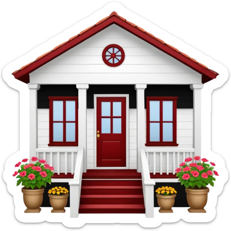 A typical wooden house from rural Puerto Rico with a central functional door, two symmetrical windows with flower boxes, a front porch with open railings, and a rocking chair. The house should look humble but well-maintained, evoking warmth and authenticity. sticker