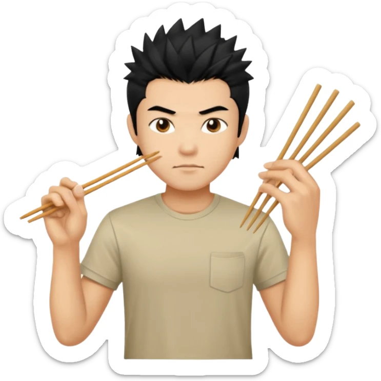 Make it a vietnamese male with spiky black hair holding only ONE pair of chopsticks, t-shirt sticker
