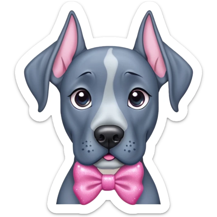 Blue Great Dane dog with a sparkly pink bow on one ear, cute cartoon style sticker
