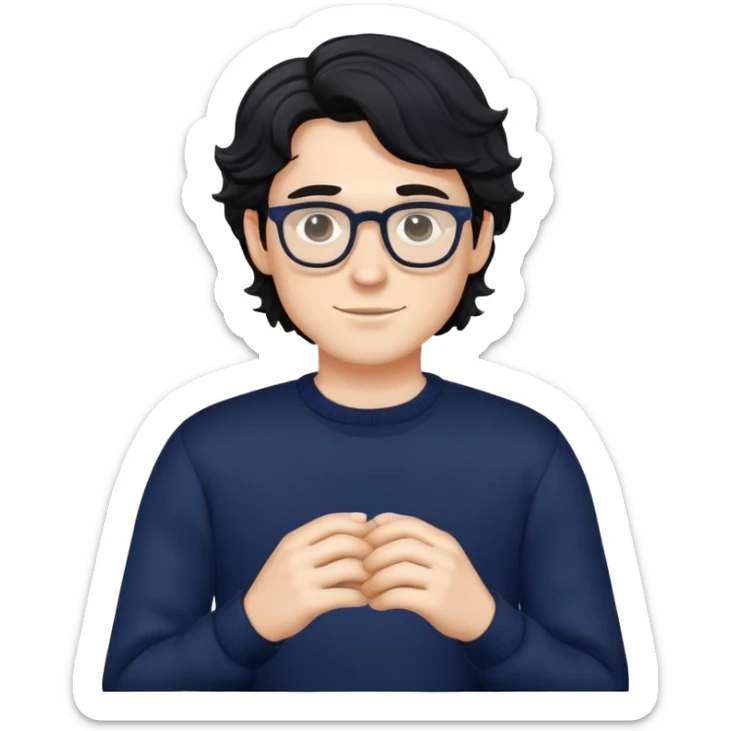 Caucasian male with wavy black hair wearing eyeglasses and a dark navy blue long sleeve pullover sweater sticker