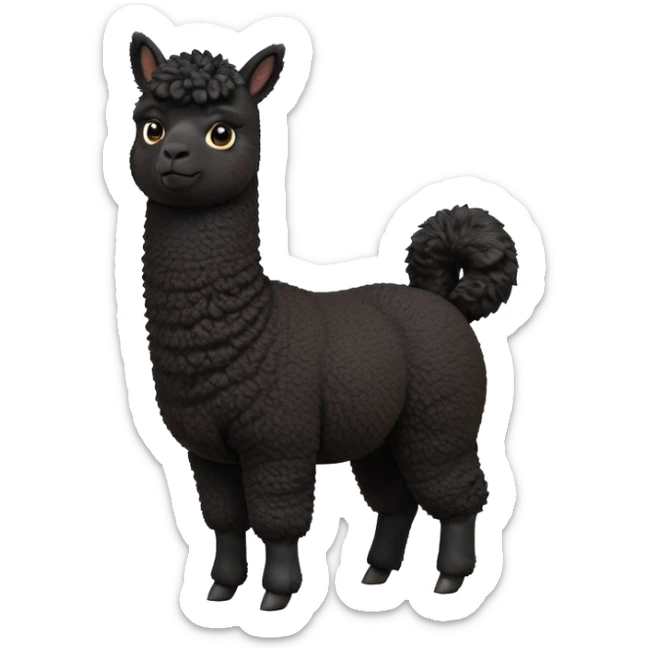 cinematic-[black alpaca]-realistic-full-body-standing-emoji,-tail-flicking-lazily,-head-tilted-dramatically,-curly-[black]-coat,-simplified-yet-realistic-focused-features,-highly-detailed,-glowing-with-an-almost-sarcastic-glow sticker