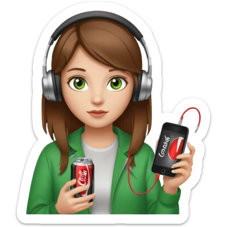 a girl with brown hair blonde ends green eyes phone in hand with diet coke and wearing headphones sticker