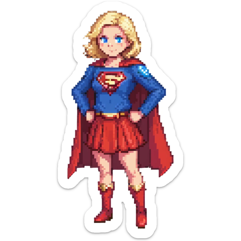 Supergirl superhero full body, blue suit with red skirt, red cape, blonde hair, and S emblem on chest sticker