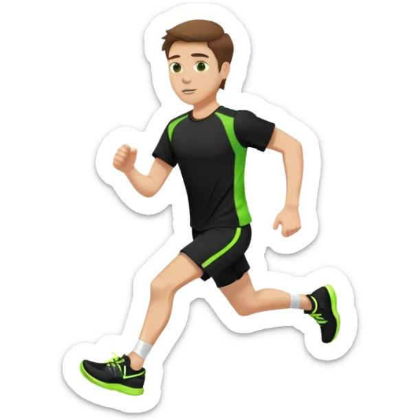 White male brown hair wearing black t shirt and black short with neon green running shoes running sticker