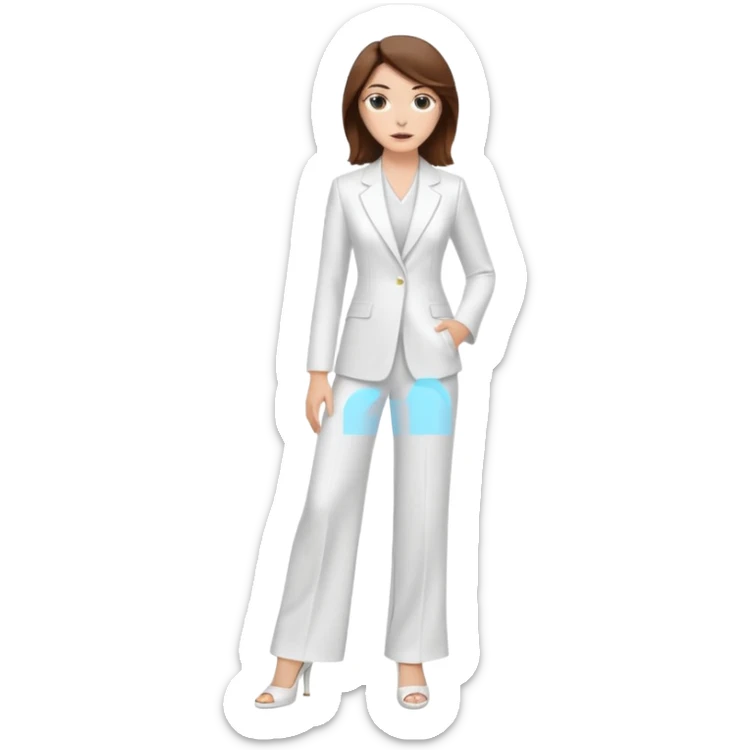 Chica blanca, traje pantalón blanco ancho, muy largo zapatos blancos tacon pelo recogido con mechones sueltos castaño ycuerpo entero sticker