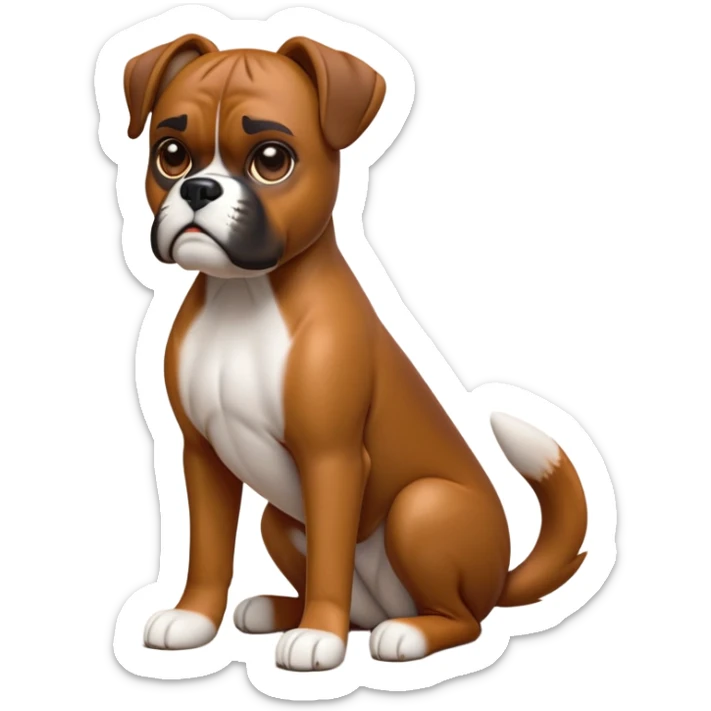 cinematic-[boxer dog]-realistic-full-body-sitting-emoji,-tail-resting-loosely-beside-its-paws,-head-tilted-dramatically,-sleek-[brown]-fur,-simplified-yet-realistic-focused-features,-highly-detailed,-glowing-with-an-almost-sarcastic-glow sticker