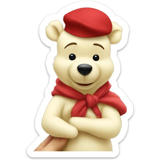 white winnie the pooh, parisien style with red beret on hair and baguette 🥖  on arms, eiffel tower in background sticker
