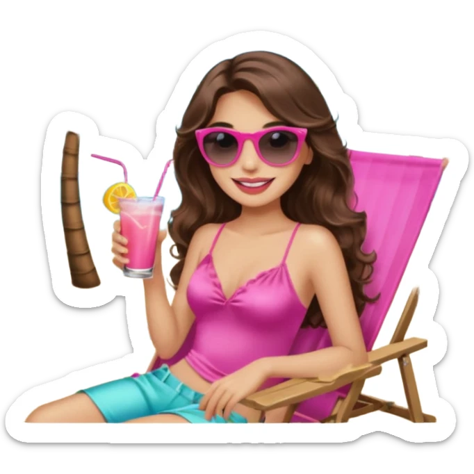 girl with long wavy brown hair, brown eyes, long lashes makeup, sexy pink lips, smiling, light to medium complexion, wearing a pink sexy silk top, relaxing in a beach chair, wearing black sunglasses, holding a drink, palm trees beach background  sticker